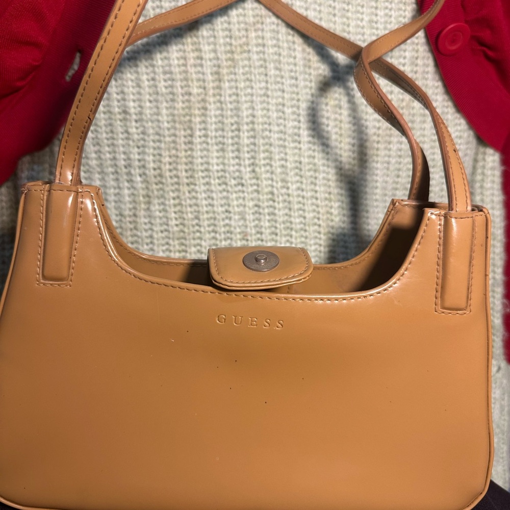 GUESS Beige Patent Shoulder Bag Y2K Mini Hobo Purse Good Cond Strap Wear